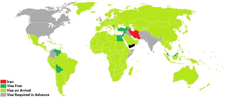 Map of Visa policy of Iran for countries